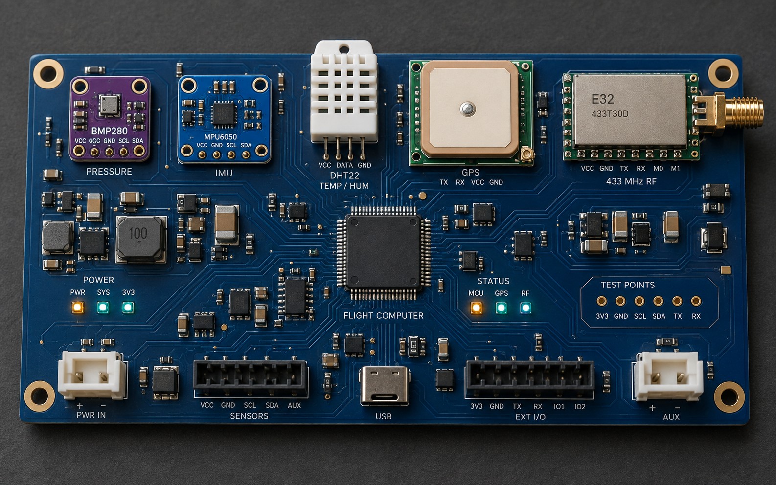 BMP280, MPU6050, DHT22, GPS ve RF modüllerini bir araya getiren HORIZON uçuş bilgisayarı