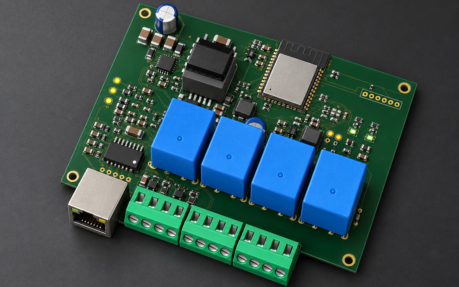 PoE Ethernet bağlantısı, ESP32 ve dört röle içeren IO kartı